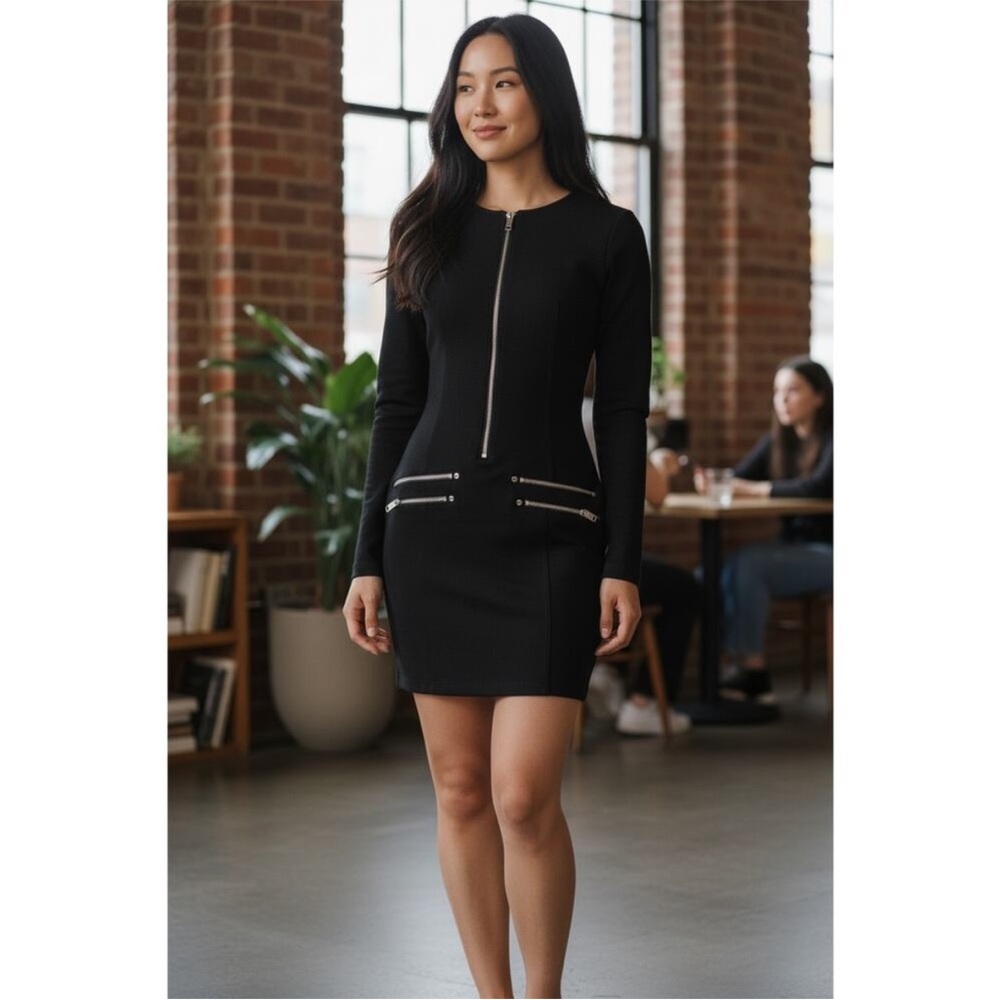 Diesel Moto Bodycon Black Long-Sleeve Mini Dress with Silver Zips Y2K
